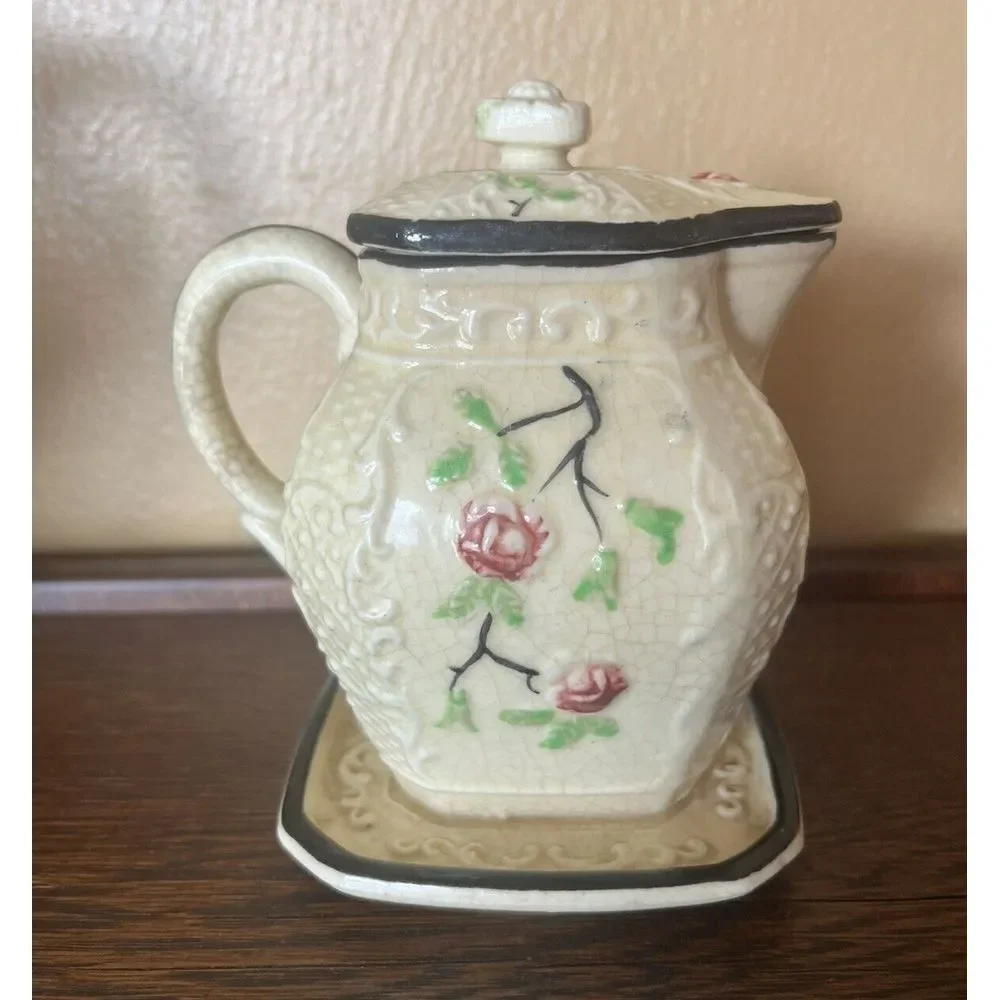 Vtg Moriyama Japan Basketweave Majolica Floral Tea Pot Set Cream Sugar Japan